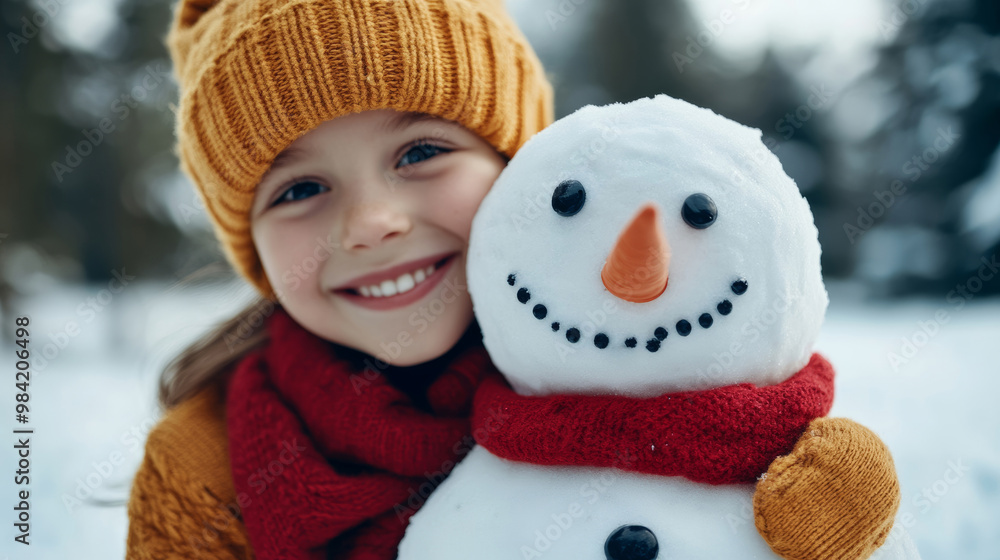Little girl hugging a snowman with a bright red scarf, snowy landscape with snow-laden pine trees in the background Little girl hugging a snowman with a bright red scarf, snowy landscape with snow-laden pine trees in the background