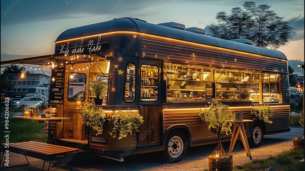 Truck food, an exclusive pop-up outdoor restaurant, warm atmosphere. Generative AI. Truck food, an exclusive pop-up outdoor restaurant, warm atmosphere. Generative AI.