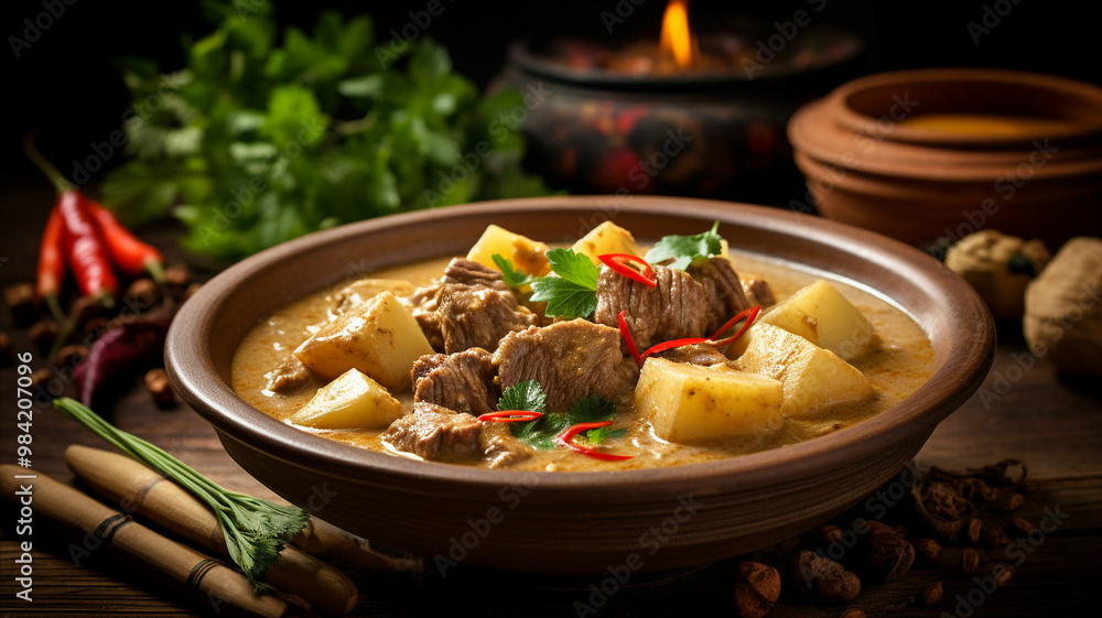 Traditional Thai Massaman curry with tender beef, potatoes, and rich coconut sauce garnished with fresh herbs. Traditional Thai Massaman curry with tender beef, potatoes, and rich coconut sauce garnished with fresh herbs.