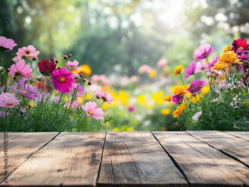 Empty wood table top with blur green floral background