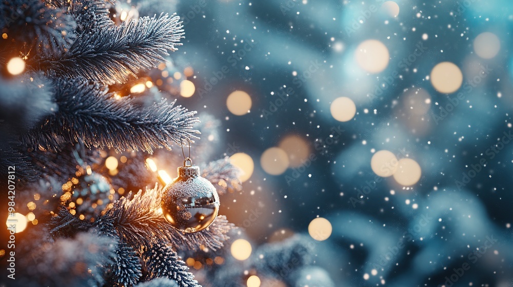 Fototapeta premium A serene close-up of a decorated Christmas tree with snow and soft lighting.