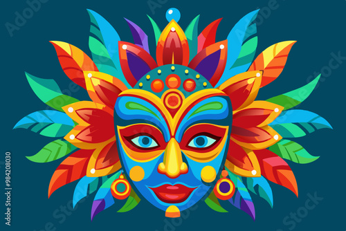 A vibrant and colorful festival mask with intricate details, adorned with feathers in bright orange, blue, green, and red tones. Brazil carnival masks vector art illustration 