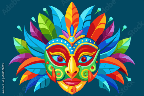 A vibrant and colorful festival mask with intricate details, adorned with feathers in bright orange, blue, green, and red tones. Brazil carnival masks vector art illustration 