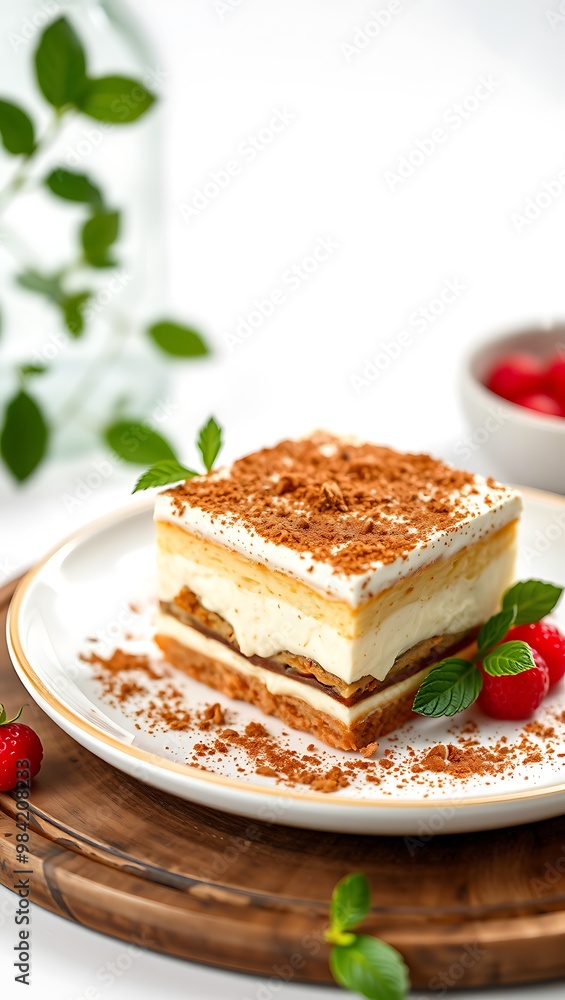 A piece of Traditional Italian dessert Tiramisu with berries A piece of Traditional Italian dessert Tiramisu with berries