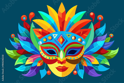 A vibrant and colorful festival mask with intricate details, adorned with feathers in bright orange, blue, green, and red tones. Brazil carnival masks vector art illustration 