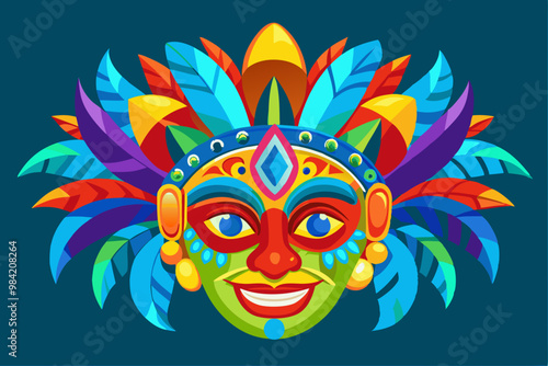 A vibrant and colorful festival mask with intricate details, adorned with feathers in bright orange, blue, green, and red tones. Brazil carnival masks vector art illustration 