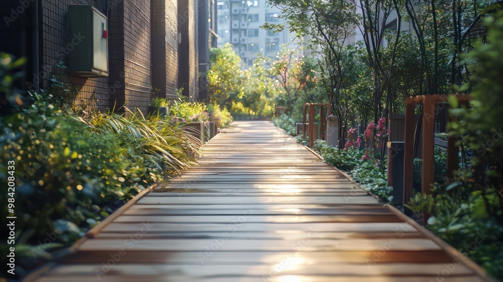 Obraz premium A wooden pedestrian pathway through a dense urban area, providing a calm, nature-inspired route for city dwellers