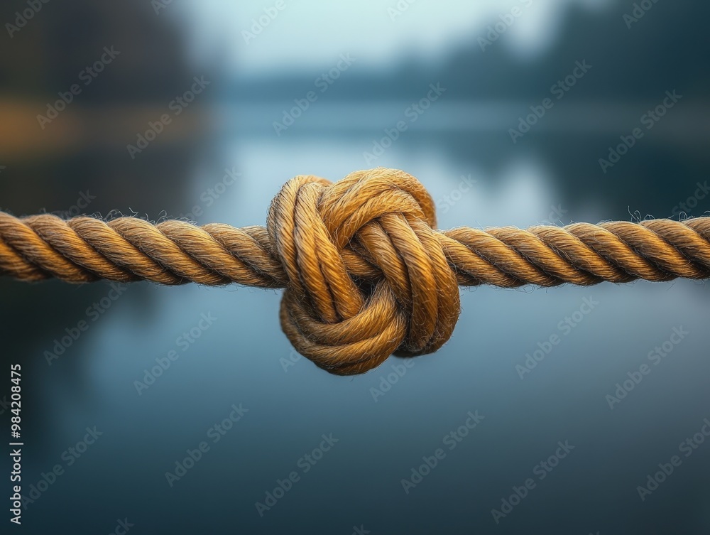 Obraz premium A close-up of a beautifully tied knot on a natural rope against a tranquil water background, symbolizing connection and stability.