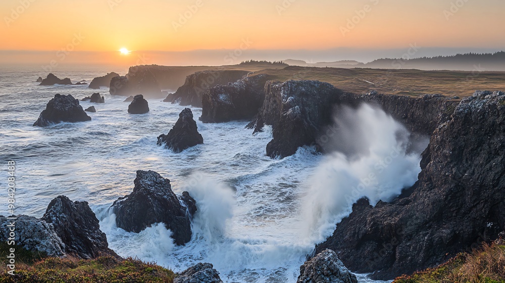Obraz premium A panoramic view of a rocky coastline with crashing waves during a dramatic sunset.