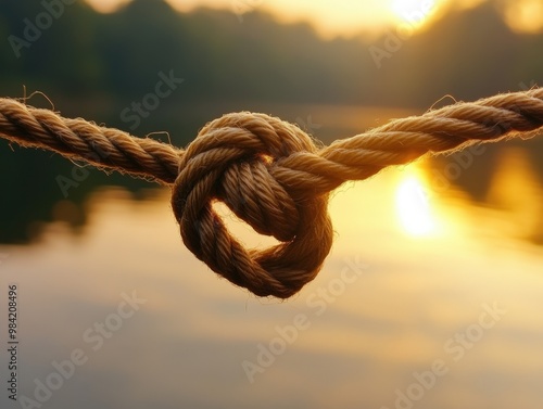 A close-up of a beautifully tied knot on a rope against a serene sunset backdrop, symbolizing unity and strength. photo