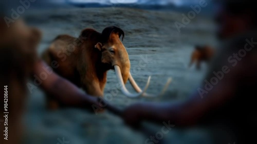 A prehistoric man faces off with a massive woolly mammoth in a barren, icy landscape, holding a primitive spear, symbolizing the survival and struggle of early humans in the Ice Age.