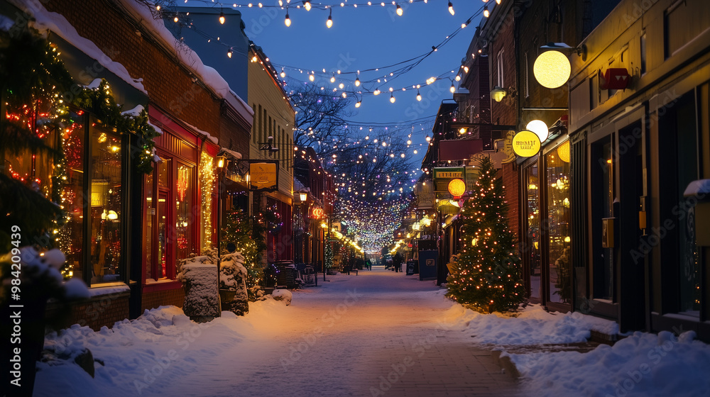 Winter Street in a Small Town with Festive Lights: A Glow of Celebration Winter Street in a Small Town with Festive Lights: A Glow of Celebration