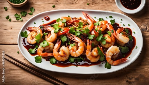 Stir Fry Prawn with oyster sauce in a plate on a wooden background. Copy space. 