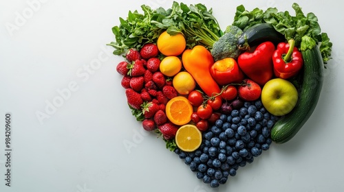 Colorful Heart Shaped Arrangement of Fresh Fruits and Vegetables