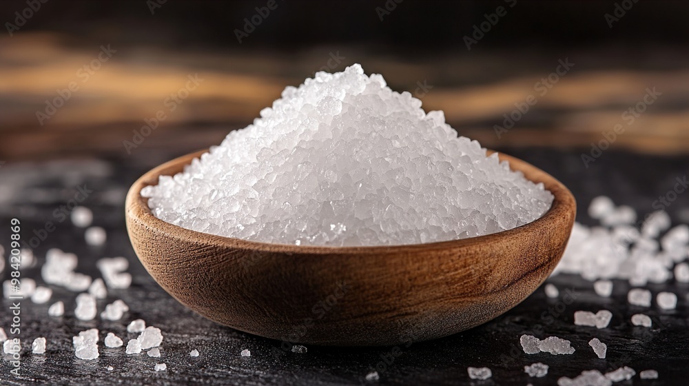 Close-Up of White Salt Crystals in a Wooden Bowl Close-Up of White Salt Crystals in a Wooden Bowl