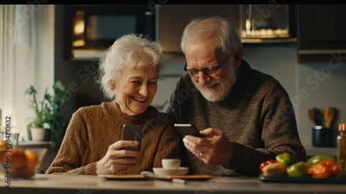 Wallpaper Mural Happy senior couple looking at a smartphone, lying on a kitchen counter and smiling while watching a video or reading a message from family online in a modern home interior. The old man with grey hair Torontodigital.ca