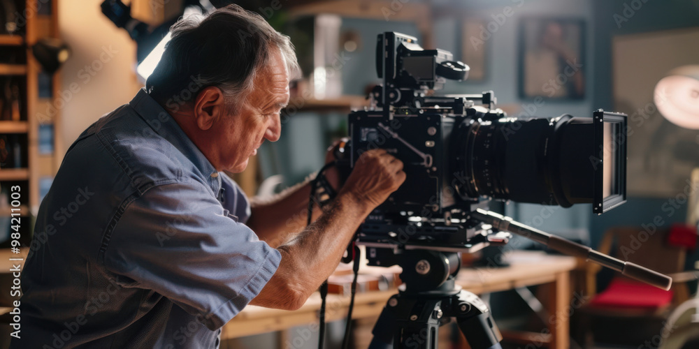 A middle-aged man adjusting the settings on a large format camera A middle-aged man adjusting the settings on a large format camera