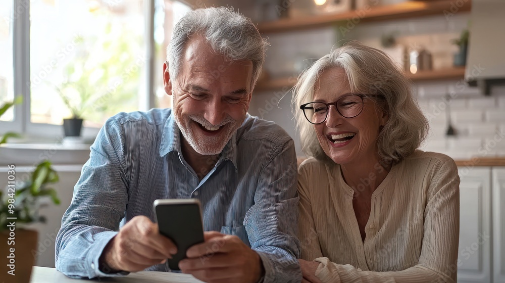 Happy senior couple looking at a smartphone, lying on a kitchen counter and smiling while watching a video or reading a message from family online in a modern home interior. The old man with grey hair Happy senior couple looking at a smartphone, lying on a kitchen counter and smiling while watching a video or reading a message from family online in a modern home interior. The old man with grey hair