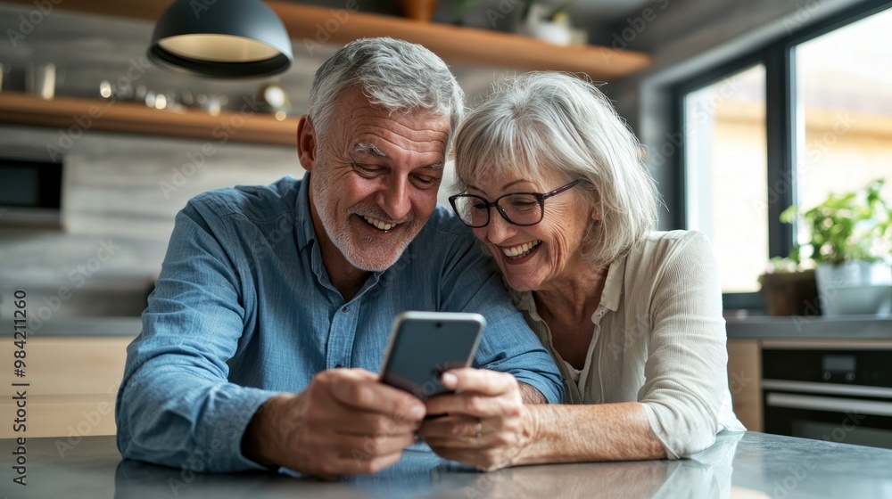 Happy senior couple looking at a smartphone, lying on a kitchen counter and smiling while watching a video or reading a message from family online in a modern home interior. The old man with grey hair Happy senior couple looking at a smartphone, lying on a kitchen counter and smiling while watching a video or reading a message from family online in a modern home interior. The old man with grey hair