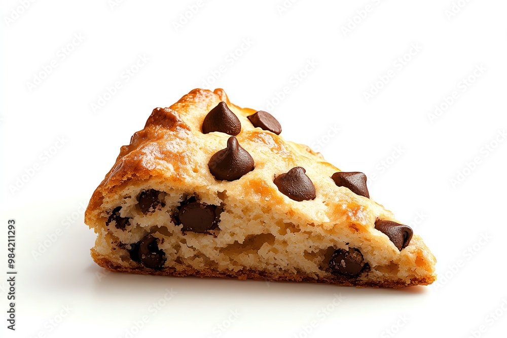 Chocolate chip scone, rustic bakery style with crumbly texture, isolated on white background Chocolate chip scone, rustic bakery style with crumbly texture, isolated on white background