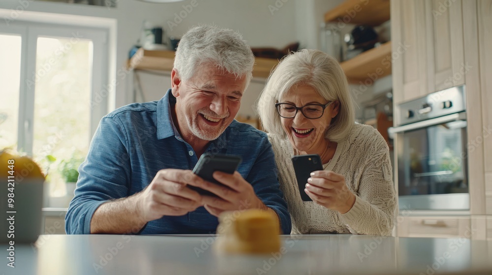 Happy senior couple looking at a smartphone, lying on a kitchen counter and smiling while watching a video or reading a message from family online in a modern home interior. The old man with grey hair Happy senior couple looking at a smartphone, lying on a kitchen counter and smiling while watching a video or reading a message from family online in a modern home interior. The old man with grey hair