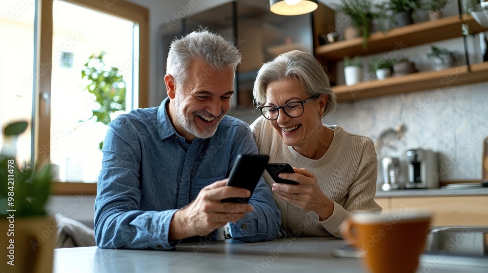 Happy senior couple looking at a smartphone, lying on a kitchen counter and smiling while watching a video or reading a message from family online in a modern home interior. The old man with grey hair Happy senior couple looking at a smartphone, lying on a kitchen counter and smiling while watching a video or reading a message from family online in a modern home interior. The old man with grey hair