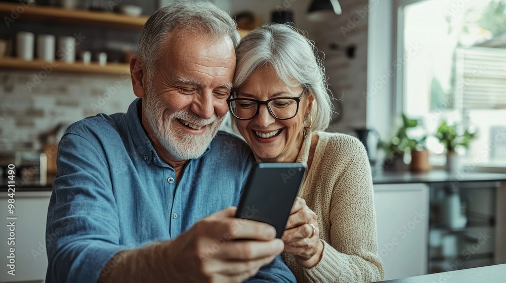 Happy senior couple looking at a smartphone, lying on a kitchen counter and smiling while watching a video or reading a message from family online in a modern home interior. The old man with grey hair Happy senior couple looking at a smartphone, lying on a kitchen counter and smiling while watching a video or reading a message from family online in a modern home interior. The old man with grey hair