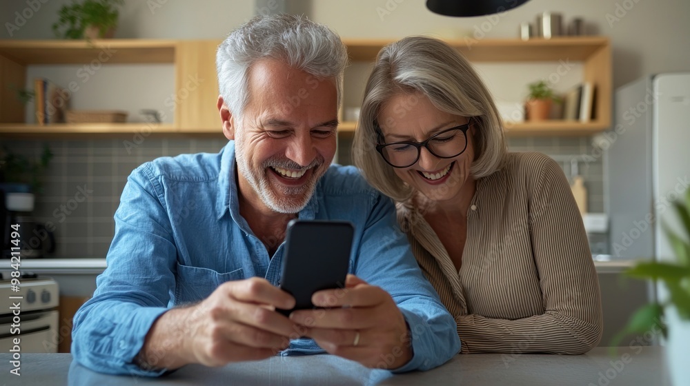 Happy senior couple looking at a smartphone, lying on a kitchen counter and smiling while watching a video or reading a message from family online in a modern home interior. The old man with grey hair Happy senior couple looking at a smartphone, lying on a kitchen counter and smiling while watching a video or reading a message from family online in a modern home interior. The old man with grey hair