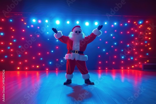 DJ santa dancing on dark festive disco dance floor background with no people celebrating winter holidays