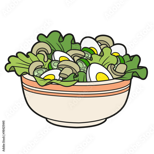 Large ceramic bowl full of fresh salad with boiled eggs, cucumbers, lettuce and champignon mushrooms