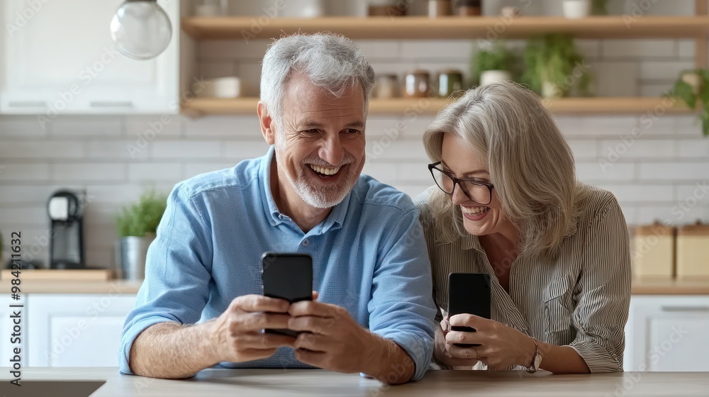 Happy senior couple looking at a smartphone, lying on a kitchen counter and smiling while watching a video or reading a message from family online in a modern home interior. The old man with grey hair Happy senior couple looking at a smartphone, lying on a kitchen counter and smiling while watching a video or reading a message from family online in a modern home interior. The old man with grey hair