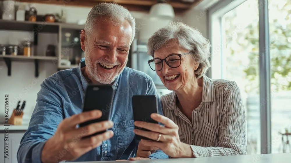 Happy senior couple looking at a smartphone, lying on a kitchen counter and smiling while watching a video or reading a message from family online in a modern home interior. The old man with grey hair Happy senior couple looking at a smartphone, lying on a kitchen counter and smiling while watching a video or reading a message from family online in a modern home interior. The old man with grey hair