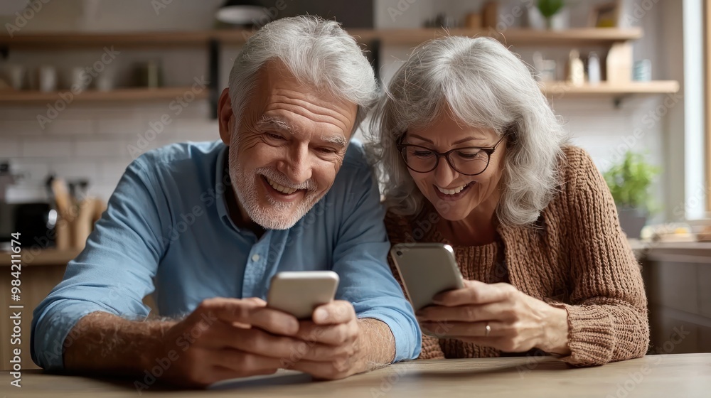 Happy senior couple looking at a smartphone, lying on a kitchen counter and smiling while watching a video or reading a message from family online in a modern home interior. The old man with grey hair Happy senior couple looking at a smartphone, lying on a kitchen counter and smiling while watching a video or reading a message from family online in a modern home interior. The old man with grey hair