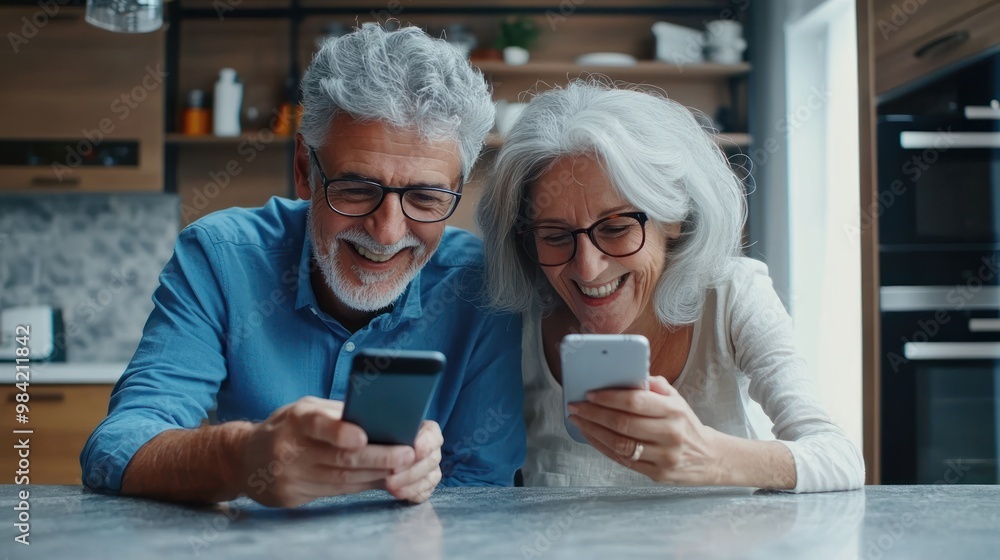 Happy senior couple looking at a smartphone, lying on a kitchen counter and smiling while watching a video or reading a message from family online in a modern home interior. The old man with grey hair Happy senior couple looking at a smartphone, lying on a kitchen counter and smiling while watching a video or reading a message from family online in a modern home interior. The old man with grey hair