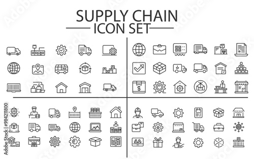 supply chain line web icons, value chain, logistics, delivery, manufacturing, commerce. 