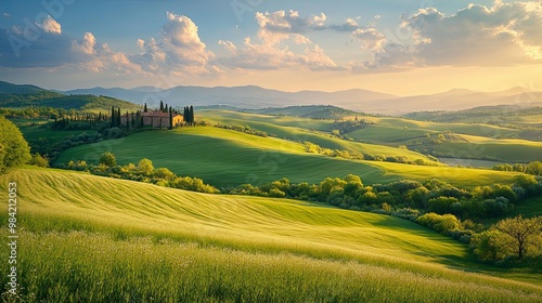 Tuscan Farmhouse Amidst Rolling Green Hills at Sunset