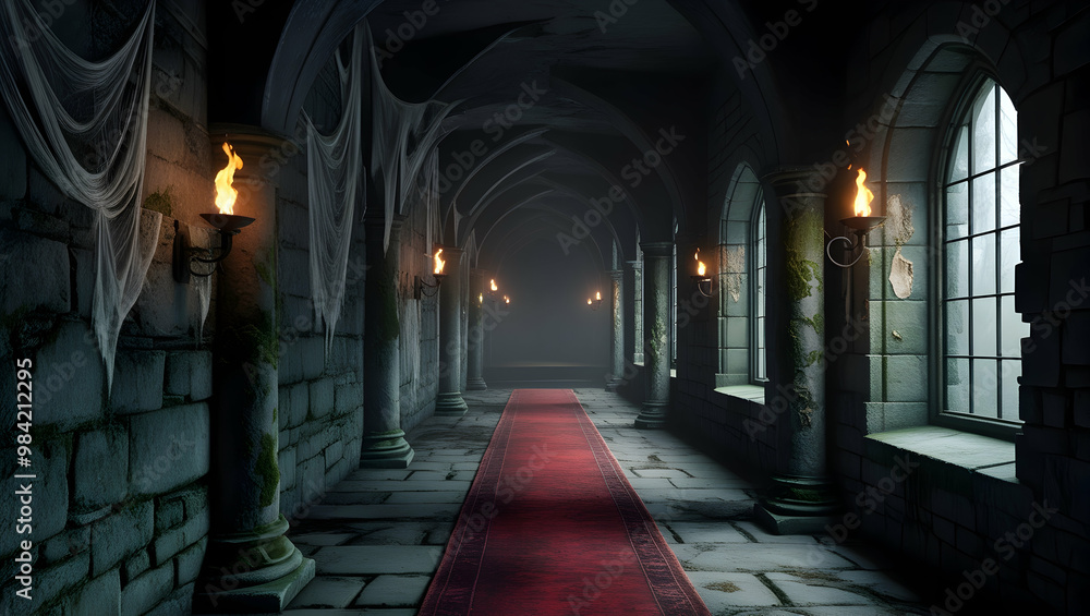 Obraz premium temple corridor with red carpet and windows
