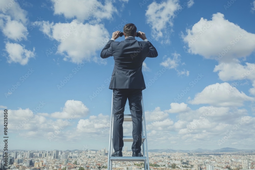 Man on a Ladder Looking at the Cityscape Man on a Ladder Looking at the Cityscape