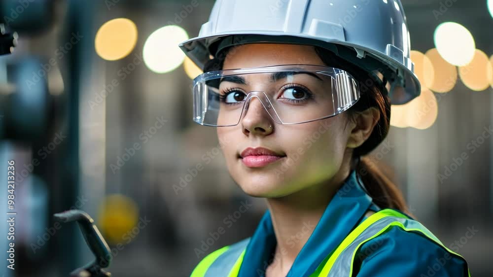 Young female engineer working diligently in an industrial setting during late afternoon hours Young female engineer working diligently in an industrial setting during late afternoon hours