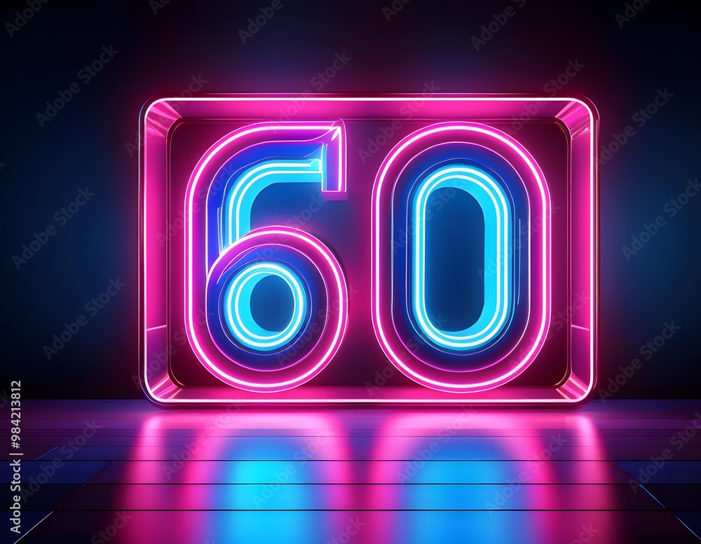 3d neon light number 60 glowing in the dark, pink blue neon light 3d neon light number 60 glowing in the dark, pink blue neon light