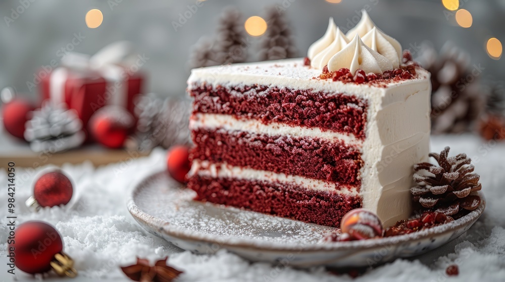 Christmas red velvet cake with white cream on a snow background, close up. Christmas red velvet cake with white cream on a snow background, close up.