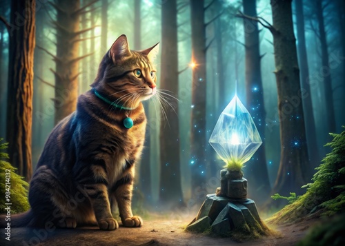 Glowing crystal held tight, wizard cat's piercing gaze fixates on the mystical artifact, summoning the forest's dormant power. photo