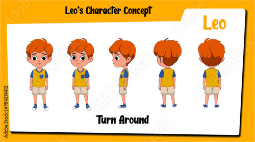 A little boy cartoon vector turnaround sheet AKA Leo, Little boy cartoon character with Red hair.