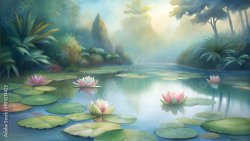 Serene water lily pond surrounded by lush greenery and soft morning light in a tranquil landscape