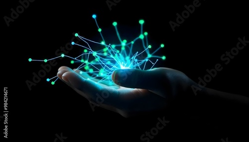 Hand holding a network of data connections representing technological progress and  digital innovation