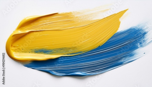 yellow blue oil brush stroke on white background photo