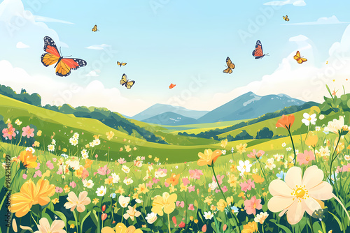 Wallpaper Mural Vibrant Spring Meadow Filled illustration with Wildflowers and Rolling Hills Torontodigital.ca