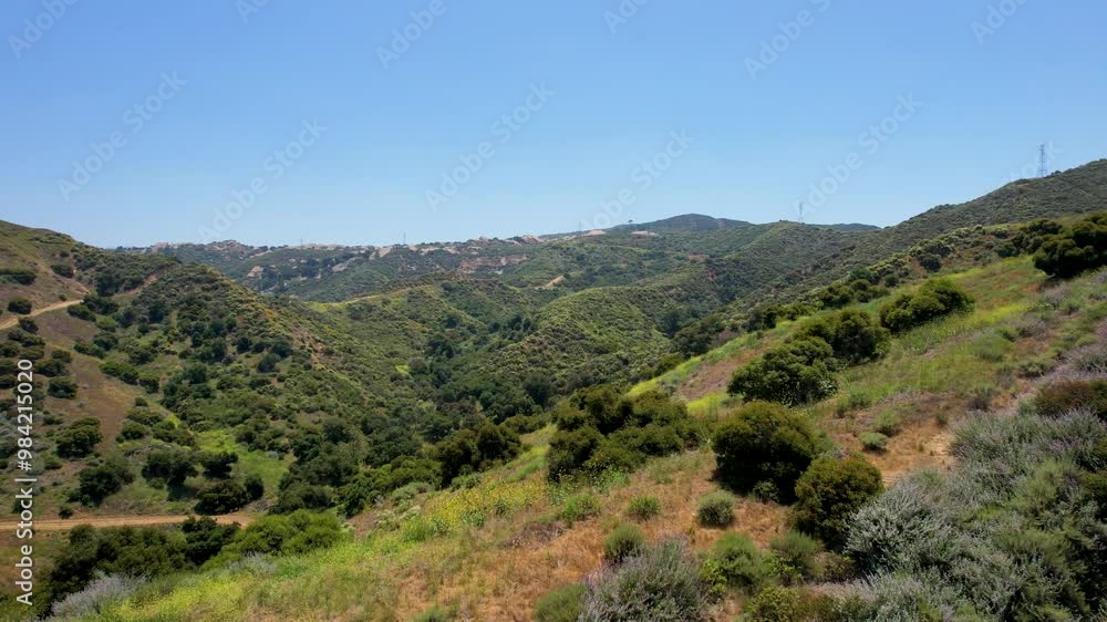 Southern California Santa Monica Mountains with scrubs and trees- Aerial fly over Southern California Santa Monica Mountains with scrubs and trees- Aerial fly over