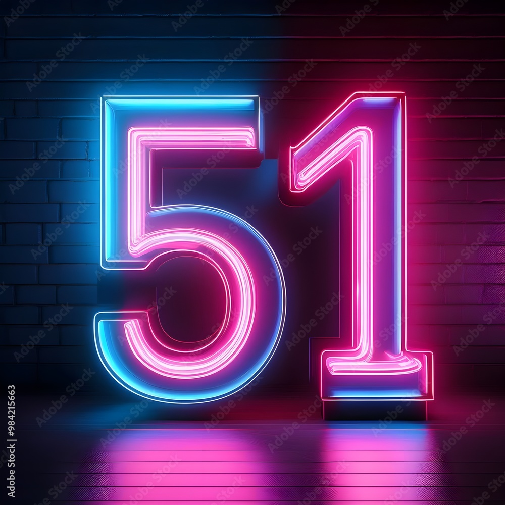 3d neon light number 51 glowing in the dark, pink blue neon light 3d neon light number 51 glowing in the dark, pink blue neon light