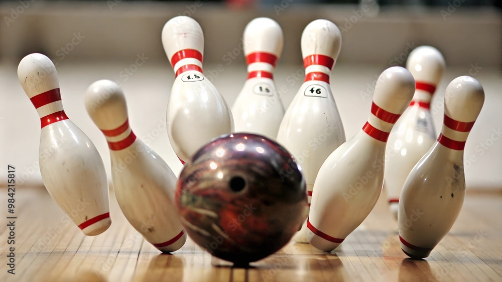 Bowling Ball Striking Pins on Alley Bowling Ball Striking Pins on Alley